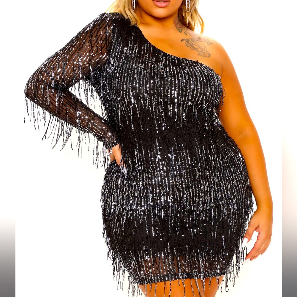NWT Fashion Nova “No Strings Attached” Sequin Mini Dress - Black sz 1X